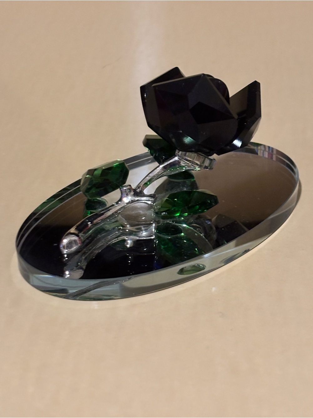 Decorative Glass Black Rose Figurine on a Mirror Base